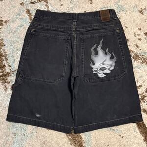 Vintage JNCO Jeans Flaming Skull Shorts Size 34 Black Y2K Baggy Wide Leg